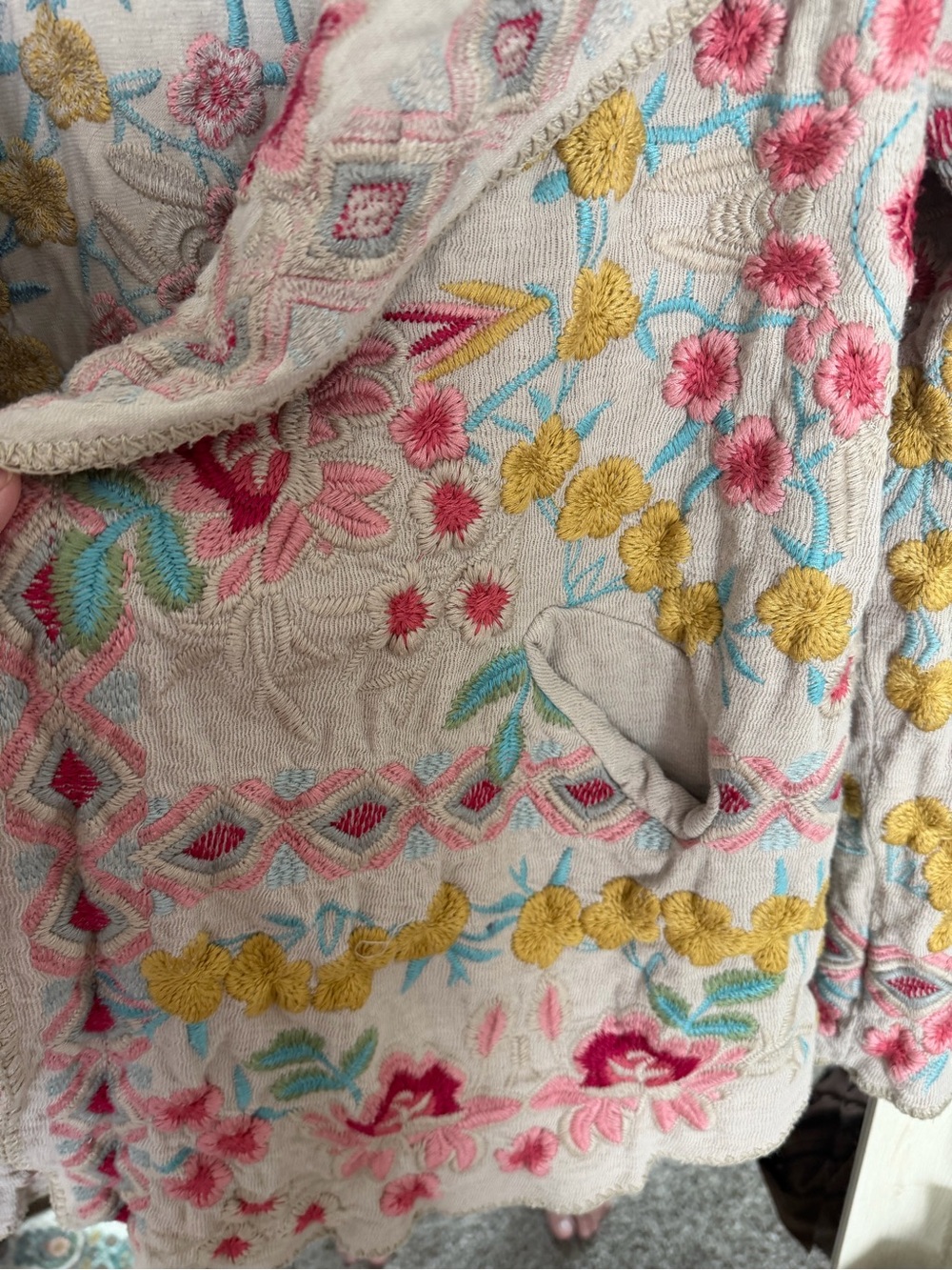 Johnny Was Biya Embroidered Hooded Cardigan Sweater - Neutral with Pink & Yellow - Picture 3 of 4